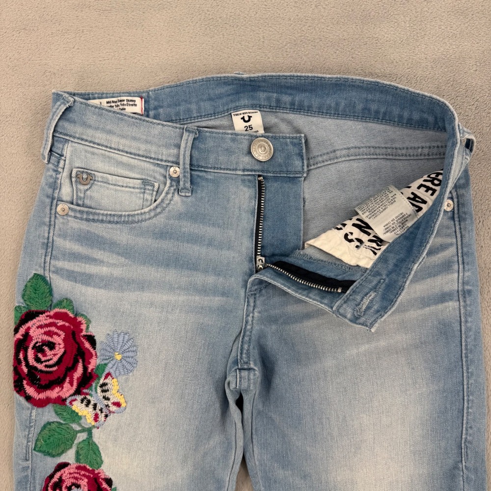 True Religion Halle Super Skinny Jeans Womens 25 Light Wash Floral Embroidered - Picture 8 of 16